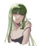 1girl bangs c.c. code_geass collarbone green_hair grey_camisole hair_behind_ear highres long_hair making-of_available med_(med_1024) off_shoulder sketch solo white_background yellow_eyes 