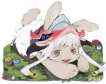  1other androgynous bangs ears_through_headwear fake_horns furry helmet highres horizontal_pupils horned_helmet horns lovelivexax lying made_in_abyss nanachi_(made_in_abyss) on_stomach open_mouth other_focus tail whiskers white_background white_hair yellow_eyes 