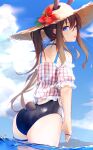  1girl absurdres amiya_(arknights) animal_ears arknights ass bare_shoulders black_swimsuit blue_collar blue_eyes blue_sky brown_hair brown_headwear cloud cloudy_sky collar competition_swimsuit cowboy_shot day ears_through_headwear extra_ears flower from_behind hat highres jewelry kotoha_(kotoha65) looking_at_viewer looking_back multiple_rings neck_ring ocean off-shoulder_shirt off_shoulder one-piece_swimsuit open_mouth outdoors rabbit_ears rabbit_girl rabbit_tail ring shirt sidelocks sky solo straw_hat summer swimsuit tail tail_through_clothes wading water wet white_shirt 