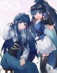  2girls :d absurdres arknights astesia_(arknights) astgenne_(arknights) black_cape black_gloves black_thighhighs blue_eyes blue_hair blue_shirt blue_skirt cape collared_shirt feet_out_of_frame gloves hair_intakes hand_up highres long_hair long_skirt looking_at_viewer multiple_girls open_mouth ponytail rhine_lab_logo shirt siblings sidelocks sisters sitting skirt sktre12 smile standing very_long_hair waving white_shirt white_skirt 