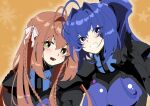  2girls bow breasts brown_hair fortified_suit hair_bow hair_intakes hayase_mitsuki head_tilt highres kamon_rider kimi_ga_nozomu_eien long_hair looking_at_viewer medium_breasts multiple_girls muvluv muvluv_alternative open_hand pilot_suit ponytail skin_tight smile suzumiya_haruka white_bow 