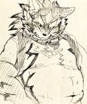  anthro belly canid canine canis chest_tuft clothed clothing ear_piercing ear_ring embarrassed hi_res jackal jacket jewelry kogiinu lifewonders looking_away male mammal moobs navel necklace open_clothing open_jacket open_topwear overweight piercing ring_piercing seth_(tas) solo tokyo_afterschool_summoners topwear tuft video_games 