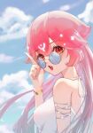  1girl a_dan bao_(vtuber) bracelet breasts cloud dress english_commentary from_side highres indie_virtual_youtuber jewelry long_hair looking_at_viewer medium_breasts open_mouth pink_hair pointing red_eyes round_eyewear sky solo sunglasses virtual_youtuber white_dress 