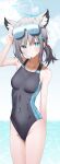  1girl absurdres animal_ear_fluff animal_ears arm_behind_back ashinagi_(bijutu1) bangs bare_arms black_swimsuit blue_archive blue_eyes blush breasts cat_ears cloud collarbone competition_swimsuit covered_navel cross_hair_ornament grey_hair hair_between_eyes hair_ornament halo highleg highleg_swimsuit highres long_hair looking_at_viewer one-piece_swimsuit outdoors parted_lips shiroko_(blue_archive) shiroko_(swimsuit)_(blue_archive) small_breasts solo standing summer sweatdrop swimsuit 