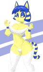  2022 absurd_res animal_crossing ankha_(animal_crossing) anthro blue_hair bra breasts cleavage clothed clothing domestic_cat egyptian felid feline felis female flutterthrash fur hair hi_res mammal nintendo panties simple_background solo underwear video_games yellow_body yellow_fur 