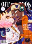  2girls black_bra blue_eyes bra cover crown dark-skinned_female dark_skin english_text fake_magazine_cover fingerless_gloves gloves hands_in_pockets headphones jacket looking_at_viewer magazine_cover marina_(splatoon) mole mole_under_mouth multiple_girls navel orange_eyes orange_suit pearl_(splatoon) setispaghetti smile splatoon_(series) splatoon_3 stomach tentacle_hair underwear white_jacket 