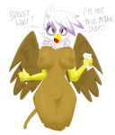  anthro avian beak breasts brown_body brown_feathers brown_nipples container cup dialogue feathered_wings feathers flutterthrash friendship_is_magic genitals gilda_(mlp) gryphon hasbro hi_res i_mean_breast_milk medium_breasts meme my_little_pony mythological_avian mythology navel nipples non-mammal_breasts pussy tuft white_body white_feathers wide_hips wings yellow_body yellow_eyes 