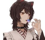  1girl :p animal_ears bangs black_choker brown_eyes brown_hair candy choker dog_ears food hand_up heterochromia highres holding holding_candy holding_food holding_lollipop ibuki_(ibuki0118) inui_toko lollipop long_sleeves medium_hair nijisanji portrait red_eyes simple_background solo tongue tongue_out virtual_youtuber white_background 