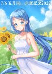  1girl alternate_costume aomi_one bangs blue_choker blue_eyes blue_hair blue_sky breasts choker cloud collarbone cowboy_shot dated dress field flower flower_field forehead highres jewelry kantai_collection long_hair looking_at_viewer mountain necklace outdoors samidare_(kancolle) sky sleeveless sleeveless_dress small_breasts solo sundress sunflower swept_bangs very_long_hair white_dress 