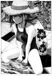  1girl absurdres bangs bare_arms bare_legs bare_shoulders barefoot between_legs black_hair blush border breasts commentary competition_school_swimsuit day floral_print full_body gagaimo greyscale hand_between_legs hat hat_ribbon highres innertube long_hair looking_at_viewer medium_breasts monochrome nib_pen_(medium) one-piece_swimsuit original outdoors outside_border parted_lips pool poolside ribbon school_swimsuit screentones sitting soaking_feet solo spread_legs straw_hat sun_hat swimsuit traditional_media water white_border 