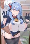  1boy 1girl absurdres ako_(blue_archive) bangs black_gloves black_legwear blue_archive blue_eyes blue_hair blue_hairband blush breasts censored clenched_teeth erection garter_straps gloves hair_between_eyes hairband half_gloves hetero highres kanta_(kanta_077) large_breasts leaning_forward long_hair long_sleeves mosaic_censoring penis sideboob solo_focus teeth thighhighs 