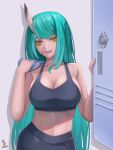  1girl :d absurdres arknights bangs bare_arms bare_shoulders breasts cleavage commentary crop_top fang green_hair hands_up highres holding holding_towel horns hoshiguma_(arknights) indoors large_breasts long_hair looking_at_viewer maskiy midriff navel open_mouth scar scar_on_cheek scar_on_face single_horn smile solo sports_bra stomach towel upper_body very_long_hair yellow_eyes 