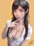  1girl absurdres breasts brown_hair cleavage collarbone collared_shirt dated finger_to_mouth highres jay_b_lee lips long_hair looking_at_viewer open_mouth orange_eyes original shiny shiny_hair shiny_skin shirt signature white_shirt yellow_background 