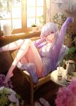  1girl arm_up bare_legs barefoot blue_eyes breasts cleavage couch dress elf hair_between_eyes hi-na1 highres knees_up long_sleeves morning on_couch one_eye_closed original plant pointy_ears potted_plant purple_sweater solo sunlight sweater table waking_up white_dress window 