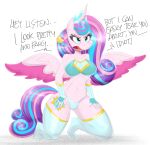  2022 aged_up anthro clothed clothing cutie_mark english_text equid equine feathered_wings feathers female flurry_heart_(mlp) flutterthrash friendship_is_magic green_eyes hasbro hi_res horn kneeling legwear mammal midriff my_little_pony navel open_mouth pink_body simple_background solo text thigh_highs unicorn white_background winged_unicorn wings 