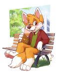  anthro bench blush book canid canine clothing eyewear flower fox glasses grass male mammal pandapaco plant solo 