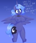  absurd_res anthro anthrofied blue_body blue_eyes blue_nipples breasts collar cutie_mark english_text equid equine eyelashes feathered_wings feathers female flutterthrash friendship_is_magic genitals hasbro hi_res horn mammal my_little_pony nipples nude princess_luna_(mlp) pussy spiked_collar spikes spread_wings text wide_hips winged_unicorn wings 