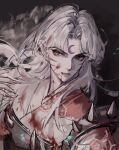  1boy armor blood blood_on_clothes closed_mouth crescent facial_mark forehead_mark fur highres inuyasha japanese_clothes long_hair male_focus pointy_ears sesshoumaru solo upper_body very_long_hair white_hair yellow_eyes zhouge981 