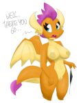  absurd_res aged_up blue_eyes breasts clothing dragon dragon_wings english_text eyelashes fangs female flutterthrash friendship_is_magic genitals hasbro hi_res my_little_pony navel nipples non-mammal_breasts orange_body panties pussy scalie smolder_(mlp) text underwear western_dragon wide_hips wings 
