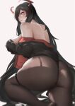  1girl absurdres alternate_costume ass azur_lane back bare_back black_dress black_hair black_legwear breasts chinese_commentary dress feet_out_of_frame friedrich_der_grosse_(azur_lane) from_behind hair_over_one_eye highres horns i_am_not_a_cat large_breasts light_blush long_hair looking_at_viewer looking_back mature_female mechanical_horns mole mole_under_eye pantyhose red_horns simple_background solo thigh_strap very_long_hair white_background yellow_eyes 