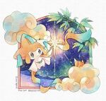  border closed_mouth commentary_request grey_eyes highres jirachi kotone11152 leaf night no_humans outdoors plant pokemon pokemon_(creature) sky smile solo star_(sky) traditional_media twitter_username white_border 