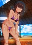  1girl andou_(girls_und_panzer) aquaegg beach bikini black_hair blush breasts brown_eyes cleavage eyebrows_behind_hair girls_und_panzer highres large_breasts looking_at_viewer navel ocean open_mouth outdoors purple_bikini shiny shiny_hair short_hair sky smile solo swimsuit 