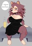  animal_crossing anthro beverage big_breasts blush breasts brown_body brown_fur cleavage clothed clothing dialogue dress english_text eulipotyphlan female fur hedgehog hi_res mammal nintendo sable_able solo text video_games xabelha 