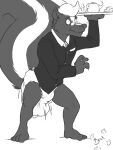  anthro black_body black_fur brickoven butler diaper eyewear feces fur glasses hi_res male mammal mephitid messy_diaper nervous scat skunk soiling solo waiter white_body white_fur 