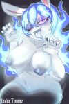  2022 2:3 absurd_res anthro big_breasts blue_hair breasts claws fangs female fire flaming_hair front_view ghost hair hi_res humanoid_hands lagomorph looking_at_viewer mammal mario_plus_rabbids_sparks_of_hope nipples nude one_eye_closed portrait pseudo_hair rabbid rabbid_ghost_girl raving_rabbids rayman_(series) solo spirit three-quarter_portrait tongue tongue_out ubisoft unknown_toxinz video_games white_body wink 
