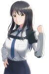  1girl absurdres aldnoah.zero arema bangs black_hair black_skirt blue_necktie breasts collared_shirt hand_on_hip highres kaizuka_yuki long_hair medium_breasts necktie shirt shirt_tucked_in skirt smile solo white_background white_shirt yellow_eyes 