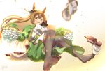  10ttruck 1girl animal_ears bangs blurry blurry_background blurry_foreground braid breasts brown_eyes brown_hair commentary_request depth_of_field feet floating french_braid frills green_jacket green_skirt hair_ribbon highres horse_ears horse_girl jacket lace_trim large_breasts legs long_hair long_sleeves no_shoes open_mouth ribbon satono_diamond_(umamusume) shiny shiny_hair shirt shoes shoes_removed sidelocks signature skirt sleeves_past_fingers sleeves_past_wrists soles solo sweatdrop thighhighs thighs toes umamusume white_shirt worried 