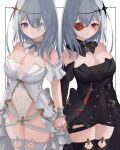  2girls absurdres azur_lane black_dress black_thighhighs black_vs_white blue_eyes breasts cleavage contrast detached_collar detached_sleeves dress dual_persona emden_(azur_lane) flower flower_in_eye hair_between_eyes highres holding_hands large_breasts long_hair looking_at_viewer multiple_girls padlocked_collar red_eyes red_flower red_rose rose ruriyuri simple_background strapless strapless_dress symbol_in_eye white_background white_dress white_flower white_hair white_legwear white_rose white_thighhighs zettai_ryouiki 