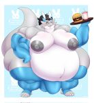  anthro belly big_belly big_breasts big_butt black_hair breasts bulge butt food grey_body gynomorph hair hi_res intersex kobold looking_at_viewer muscular muscular_gynomorph muscular_intersex nipples obese one_eye_closed overweight solo thick_thighs unknown_artist wink yoshu_makato_(character) 