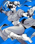  1girl blue_background boots bracelet breasts china_dress chinese_clothes chun-li cross-laced_footwear double_bun dress hair_bun jewelry large_breasts looking_at_viewer monochrome open_mouth outdoors pantyhose ribbon short_hair solo spiked_bracelet spikes standing standing_on_one_leg street_fighter takatsuki_ichi thick_thighs thighs 