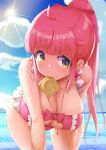  backlighting bangs beach blunt_bangs breasts brown_eyes clothing_cutout cloud condom condom_in_mouth condom_wrapper frilled_swimsuit frills highres kazairo_kotone key_necklace large_breasts leaning_forward long_hair mouth_hold open_swimsuit pink_hair pink_swimsuit ponytail rpg_fudousan shousan_bouzu sidelocks sunlight swimsuit wet 