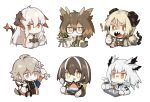  ! +_+ 6+girls :q ahoge arknights armband black_choker black_shirt blonde_hair bowl brown_eyes brown_hair chibi choker cup demon_horns dragon_girl dragon_horns dragon_tail drone grey_hair hair_between_eyes hand_up hand_wraps holding holding_bowl holding_cup holding_spoon holding_wrench horns ifrit_(arknights) jacket licking_lips long_hair long_sleeves looking_at_viewer magallan_(arknights) mayer_(arknights) mechanical_owl medium_hair multicolored_hair multiple_girls open_clothes open_jacket open_mouth orange_eyes orange_jacket otter_girl otter_tail owl_ears ptilopsis_(arknights) rhine_lab_logo saria_(arknights) semi-rimless_eyewear sharp_teeth shaved_ice shirt short_hair short_twintails sidelocks silence_(arknights) simple_background smile spoon streaked_hair tail teeth thumbs_up tongue tongue_out twintails under-rim_eyewear upper_body v-shaped_eyebrows white_background white_hair white_jacket wrench yellow_eyes 