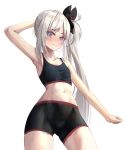  1girl 3: alternate_costume arm_behind_head armpits bangs blue_archive collarbone commentary_request eyes_visible_through_hair grey_eyes grey_hair hair_ornament hair_scrunchie highres long_hair looking_at_viewer mutsuki_(blue_archive) navel parted_bangs rable scrunchie side_ponytail sidelocks simple_background sleeveless solo sportswear stomach white_background 