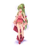  1girl :d bracelet dress fire_emblem fire_emblem:_mystery_of_the_emblem fire_emblem_awakening green_eyes green_hair hair_ornament jewelry kirishima_satoshi long_hair looking_at_viewer panties pantyshot petite pink_dress pointy_ears ponytail short_dress side_slit simple_background smile solo tiki_(fire_emblem) underwear very_long_hair white_background white_panties 