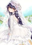 1girl ass azuma_(azur_lane) azuma_(lily-white_longing)_(azur_lane) azur_lane black_hair breasts bridal_veil dress flower from_behind full_body gloves hair_between_eyes hair_flower hair_ornament highres lace-trimmed_dress lace-trimmed_legwear lace_trim large_breasts long_hair looking_at_viewer looking_back marker_(medium) mikeko_(user_zntg7852) official_alternate_costume see-through see-through_dress seiza sitting solo thighhighs traditional_media veil wedding_dress white_flower white_garter_straps white_gloves white_legwear yellow_eyes 