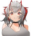  1girl antennae arknights bangs black_choker breasts choker cleavage crossed_bangs demon_girl demon_horns grey_hair grey_tank_top guodong hair_between_eyes horns large_breasts looking_at_viewer parted_lips red_eyes short_hair simple_background solo tank_top upper_body w_(arknights) white_background 