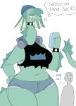  anthro belly blue_clothing bracelet clothed clothing collar digital_media_(artwork) english_text eyelashes female green_body green_eyes green_scales headgear headphones headwear hi_res holding_object holding_phone jewelry loch_ness_monster long_neck marine navel nessie_(puppkittyfan1) phone puppkittyfan1 scales scalie simple_background slightly_chubby solo solo_focus spiked_bracelet spiked_collar spikes text wide_hips 
