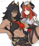  2girls anafuu animal_ears bangs bare_shoulders black_hair blue_eyes dark_skin dehya_(genshin_impact) dress genshin_impact headdress highres horns jewelry long_hair looking_at_viewer multiple_girls nilou_(genshin_impact) red_hair smirk thigh_strap thighs 