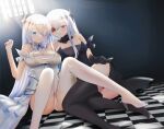  2girls azur_lane bare_shoulders black_dress black_footwear black_panties black_vs_white blue_eyes boots breasts checkered_floor cleavage contrast dress dual_persona emden_(azur_lane) flower flower_in_eye foot_out_of_frame hair_between_eyes high_heel_boots high_heels highres large_breasts long_hair looking_at_viewer multiple_girls on_floor panties red_eyes red_flower red_rose rose simple_background sitting strapless strapless_dress symbol_in_eye thigh_boots thighs underwear very_long_hair white_background white_dress white_flower white_footwear white_hair white_panties white_rose zdj 