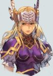  1girl armor blonde_hair blue_eyes breasts closed_mouth frilled_sleeves frills gem gold_armor grey_background headdress helmet hungry_clicker long_hair looking_to_the_side native_american_headdress purple_armor red_gemstone short_sleeves silmeria_valkyrie simple_background solo tied_sleeves valkyrie_profile white_sleeves 