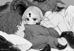  1boy 1girl abigail_williams_(fate) ass barefoot bow fate/grand_order fate_(series) fujimaru_ritsuka_(male) greyscale hat hat_bow highres kaita_(mokamilkcup) keyhole long_hair lying_on_person monochrome on_bed pillow pout restrained sweat tentacles twitter_username witch_hat you_gonna_get_raped 