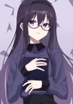  1girl bangs black-framed_eyewear black_hair book book_hug daifuku_(tkja3555) flying_paper glasses highres holding holding_book long_hair long_sleeves machikado_mazoku object_hug open_mouth paper purple_eyes purple_shirt purple_theme shirt smile solo 