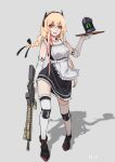  1girl alternate_costume apron artist_name assault_rifle bangs black_footwear blonde_hair boots braid braided_ponytail breasts elbow_gloves full_body girls&#039;_frontline gloves gun headphones highres holding holding_gun holding_tray holding_weapon long_hair looking_at_viewer m4_sopmod_ii m4_sopmod_ii_(girls&#039;_frontline) maid maid_apron multicolored_hair open_mouth red_eyes rifle shadow short_ponytail smile solo ss-7 standing streaked_hair thighhighs tray weapon white_background white_gloves white_legwear 