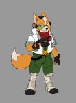  anthro canid canine clothing digitigrade fox fox_mccloud fur green_eyes gun jacket male mammal nintendo orange_body orange_fur parker_simmons ranged_weapon scarf scouter solo star_fox topwear video_games weapon 