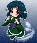  1girl bangs blue_eyes blue_hair blush chibi curly_hair drill_hair fish_tail frilled_kimono frills frown hands_up head_fins japanese_clothes kimono long_sleeves mermaid monster_girl no_legs obi sash short_hair solo tachikawa tail tearing_up tears touhou wakasagihime wide_sleeves 