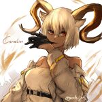  1girl animal_ears arknights bare_shoulders black_gloves breasts carnelian_(arknights) character_name dark-skinned_female dark_skin gazelle_jun glove_pull gloves goat_ears goat_girl goat_horns hair_between_eyes hand_up highres horns jacket looking_at_viewer mouth_pull off_shoulder open_clothes open_jacket shirt short_hair simple_background small_breasts solo strapless strapless_shirt twitter_username upper_body white_background white_hair white_jacket white_shirt 